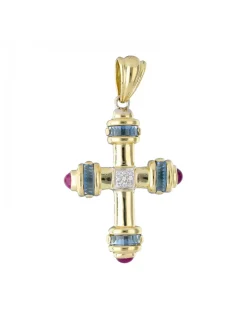 Colgante de Oro amarillo 18K con diseño de Cruz y Piedras Sintéticas