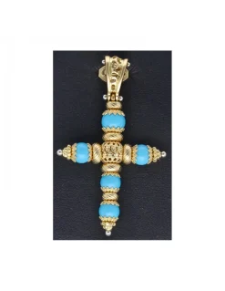 Colgante de oro amarillo 18 Kl diseño de cruz con turquesas