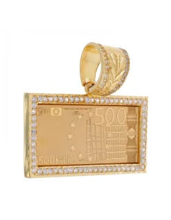 Colgante de Oro amarillo 18K con diseño rectangular, Billete de 500 Euros, Circonitas