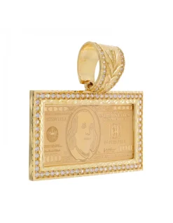 Colgante de Oro amarillo 18K con diseño rectangular, Billete de 100 Dólares y Circonitas