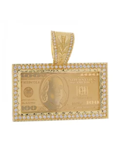 Colgante de Oro amarillo 18K con diseño rectangular, Billete de 100 Dólares y Circonitas