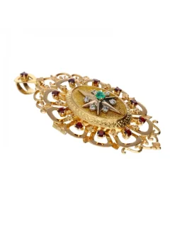 Colgante de Oro 18K con diseño de Adorno para pecho tipo aguja, Esmeralda y Rubíes
