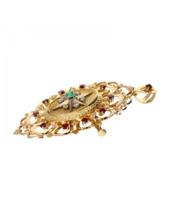 Colgante de Oro 18K con diseño de Adorno para pecho tipo aguja, Esmeralda y Rubíes