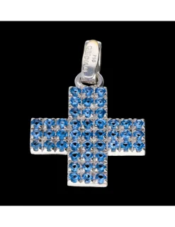 Colgante religioso de oro blanco 18 kl con aguamarinas
