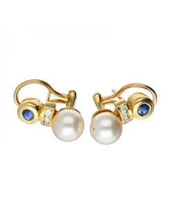 Pendientes con zafiro, circonitas y perla oro amarillo 18kl