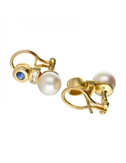 Pendientes con zafiro, circonitas y perla oro amarillo 18kl