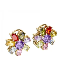 Pendientes de Oro amarillo 18K con diseño de Flor y Piedras Sintéticas de colores