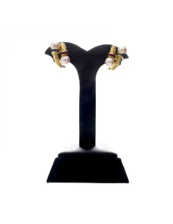 Pendientes de oro amarillo 18K con diseño zafiros rubíes y perlas