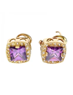 Pendientes de oro amarillo 18K con diseño cuadrado corazones y amatistas sintéticas