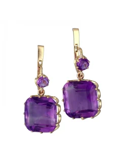 Pendientes de Oro amarillo 18K con diseño y Amatistas redondas y cuadradas