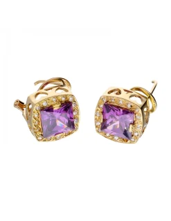 Pendientes de oro amarillo 18K con diseño cuadrado corazones y amatistas sintéticas