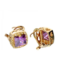 Pendientes de oro amarillo 18K con diseño cuadrado corazones y amatistas sintéticas