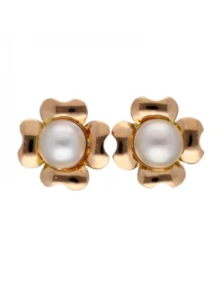 Pendientes de Oro con diseño de Flor y Perlas