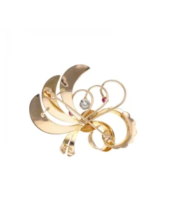 Prendedor de oro amarillo 18K con diseño boquete brillantes y rubíes