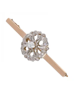 Prendedor tipo Aguja, de Oro rosado y blanco, con diseño de flor y Brillantes