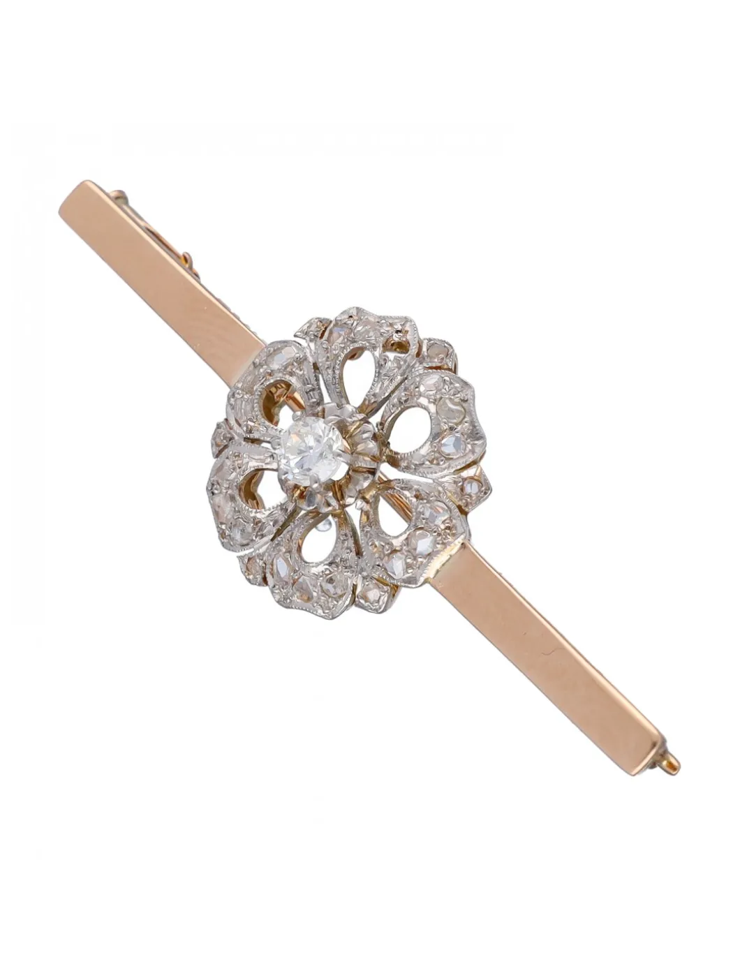 Prendedor tipo Aguja, de Oro rosado y blanco, con diseño de flor y Brillantes