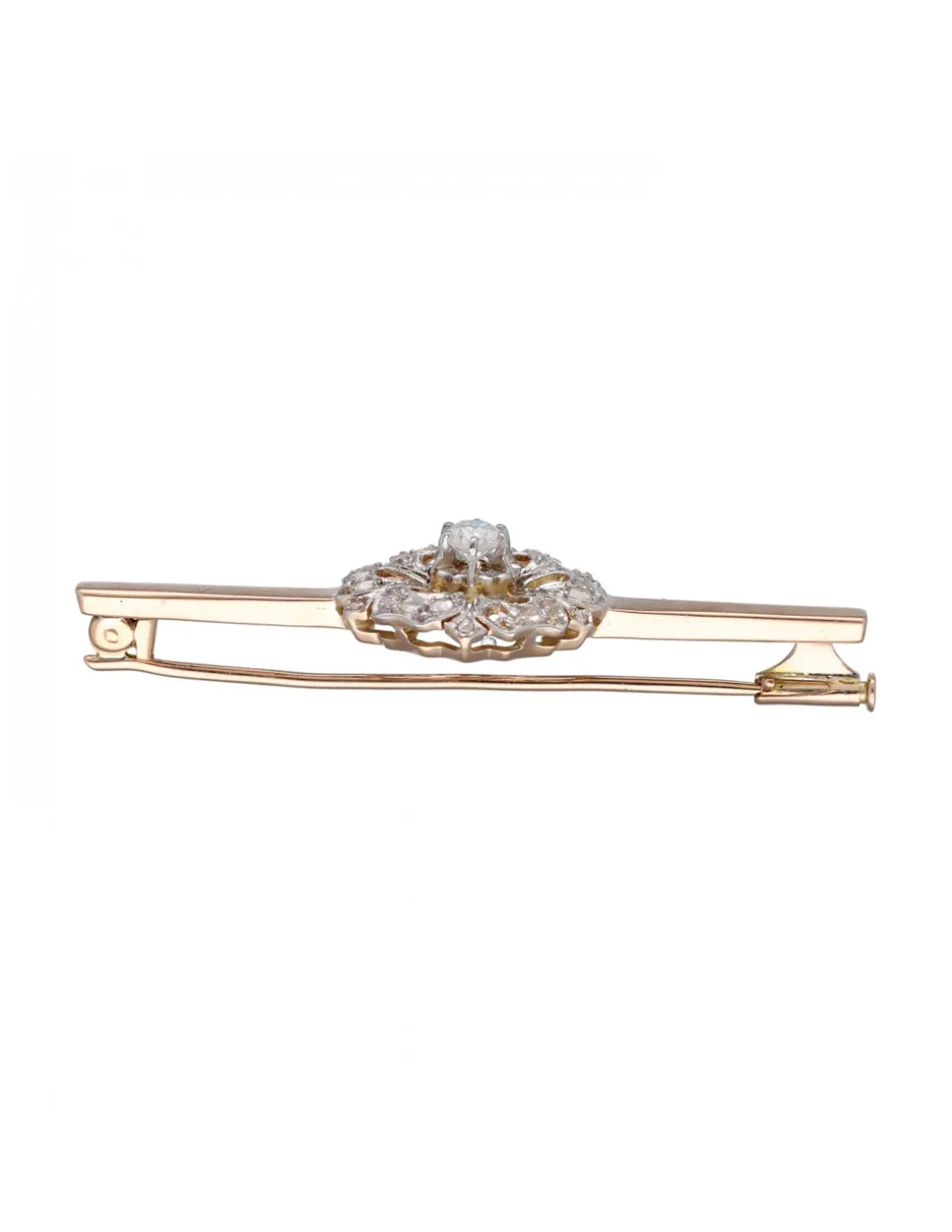 Prendedor tipo Aguja, de Oro rosado y blanco, con diseño de flor y Brillantes