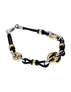 Pulsera de oro amarillo y blanco 18K con cordón negro
