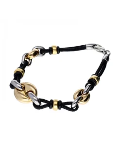 Pulsera de oro amarillo y blanco 18K con cordón negro