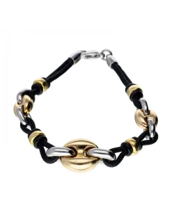 Pulsera de oro amarillo y blanco 18K con cordón negro