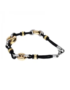 Pulsera de oro amarillo y blanco 18K con cordón negro