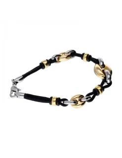 Pulsera de oro amarillo y blanco 18K con cordón negro