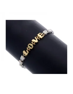 Pulsera de Oro blanco y amarillo, con eslabones cuadrados, palabra LOVE y Brillantes