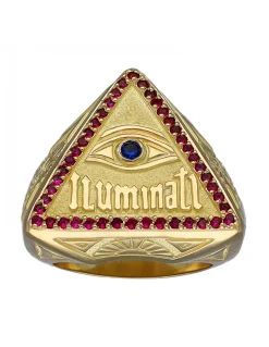 Sello de Oro amarillo con diseño triangular Iluminati, Ojo con Zafiro y Triangulo de Rubíes