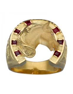 Sello de Oro amarillo con diseño de cabeza de Caballo, Herradura, Circonita y Rubies