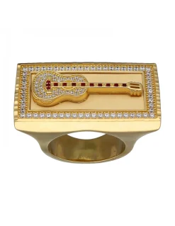 Sello de Oro amarillo con diseño rectangular, Guitarra, Rubíes y Circonitas