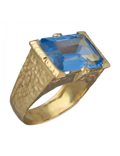 Sello de Oro amarillo con diseño cuadrado y piedra Aguamarina