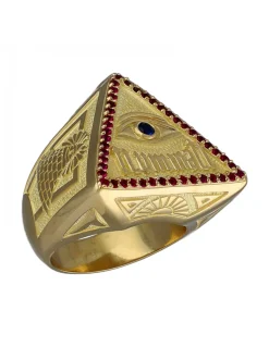 Sello de Oro amarillo con diseño triangular Iluminati, Ojo con Zafiro y Triangulo de Rubíes