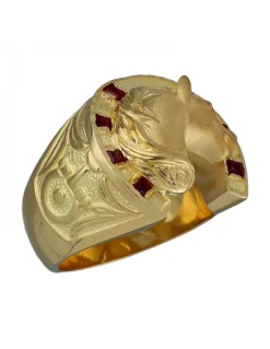 Sello de Oro amarillo con diseño de cabeza de Caballo, Herradura, Circonita y Rubies