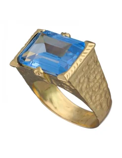 Sello de Oro amarillo con diseño cuadrado y piedra Aguamarina