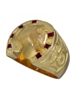 Sello de Oro amarillo con diseño de cabeza de Caballo, Herradura, Circonita y Rubies