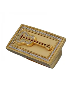 Sello de Oro amarillo con diseño rectangular, Guitarra, Rubíes y Circonitas