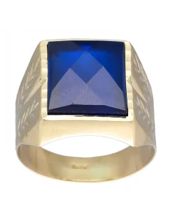 Sello de Oro amarillo 18K con diseño cuadrado y Piedra Sintética azul
