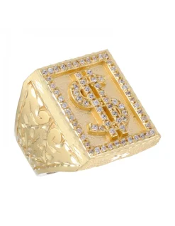 Sello de Oro amarillo 18K con diseño cuadrado, Signo de Dólar y Circonitas