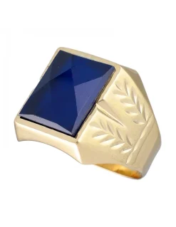 Sello de Oro amarillo 18K con diseño cuadrado y Piedra Sintética azul