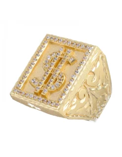 Sello de Oro amarillo 18K con diseño cuadrado, Signo de Dólar y Circonitas