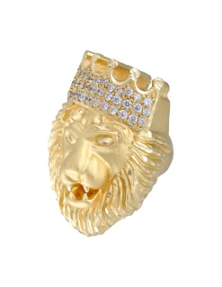 Sello de Oro amarillo 18K con diseño cara de León con corona y Circonitas