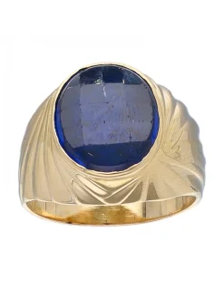 Sello de oro amarillo 18K con diseño y piedra sintética azul