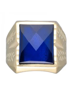 Sello de Oro amarillo 18K con diseño cuadrado y Piedra Sintética azul