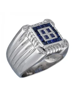 Sello de Oro blanco con diseño cuadrado, Brillantes y piedras Sintéticas azules