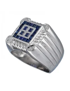 Sello de Oro blanco con diseño cuadrado, Brillantes y piedras Sintéticas azules