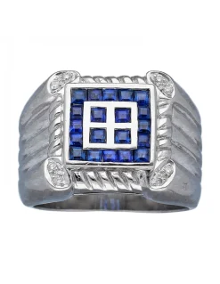 Sello de Oro blanco con diseño cuadrado, Brillantes y piedras Sintéticas azules